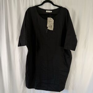 New Magic Linen Dress Women's Small Solid Black Round Neck Short Sleeve